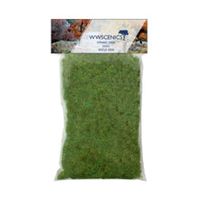 Load image into Gallery viewer, WWScenics 2mm Spring Static Grass 100g bag showing fine green fibres for miniature terrain and model scenery