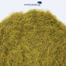 Load image into Gallery viewer, WWScenics 4mm Wild Meadow Static Grass 50g pack showing fine, natural mix of greens, tans, and earthy tones for realistic miniature wargaming, diorama, and model railway terrain detailing