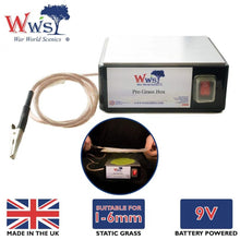 Load image into Gallery viewer, WWScenics Pro Grass Box static grass applicator device with clip and power switch for miniature basing, battery powered, made in the UK, suitable for 1-6mm static grass fibers
