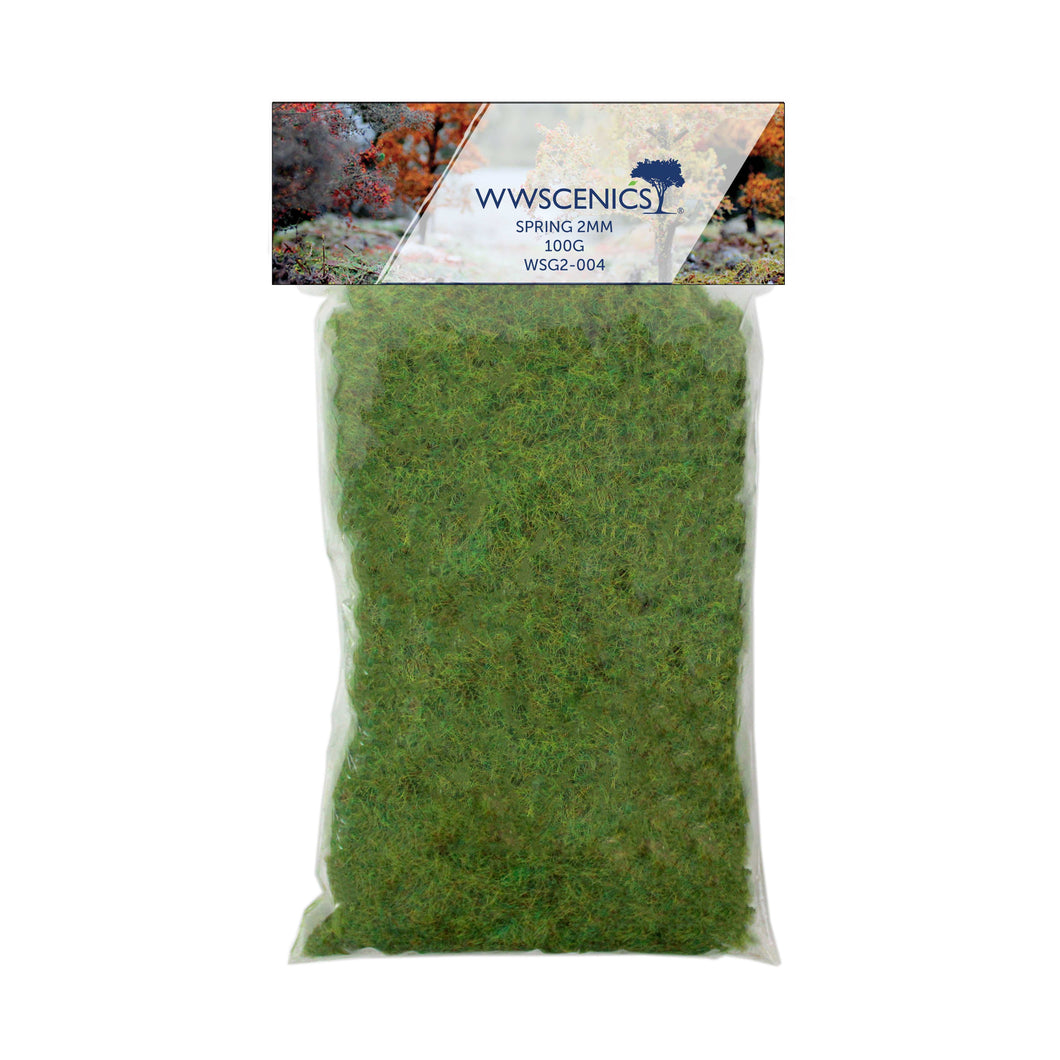 WWScenics 2mm Spring Static Grass 100g bag showing fine green fibres for miniature terrain and model scenery