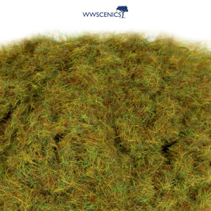 WWScenics 2mm Winter Static Grass fine fibre blend in pale green and straw tones for realistic cold-season miniature terrain and diorama basing