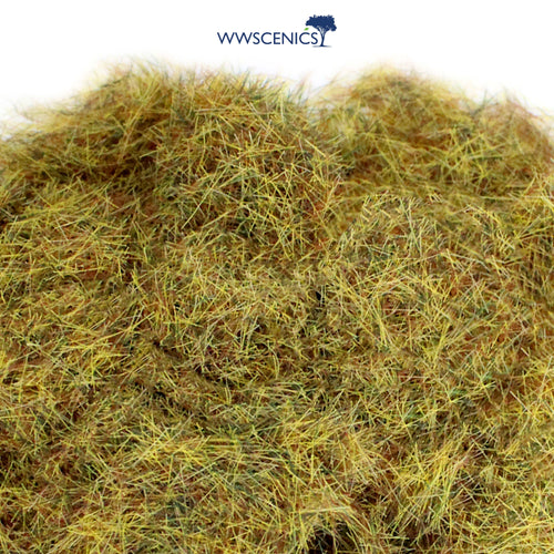 Close-up of WWScenics 4mm Dead Static Grass showing realistic dry, sun-bleached short grass fibers for wargaming, dioramas, and model railway scenery