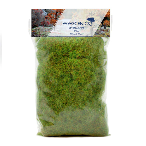 WWScenics 6mm spring static grass in vibrant green for miniature basing, wargaming terrain, dioramas, and model railway scenery, 100g pack