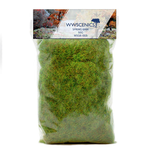 WWScenics 6mm spring static grass in vibrant green for miniature basing, wargaming terrain, dioramas, and model railway scenery, 100g pack