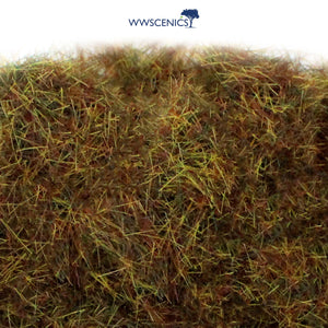 WWScenics 6mm Winter Static Grass with fine pale green and straw fibers for realistic cold-weather terrain modeling and miniature basing