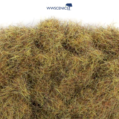 WWScenics 6mm Patchy Static Grass in multi-tone green and brown shades, fine 6mm fibers for realistic miniature ground cover and terrain modeling.