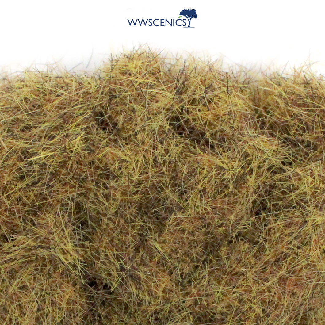 WWScenics 6mm Patchy Static Grass in multi-tone green and brown shades, fine 6mm fibers for realistic miniature ground cover and terrain modeling.