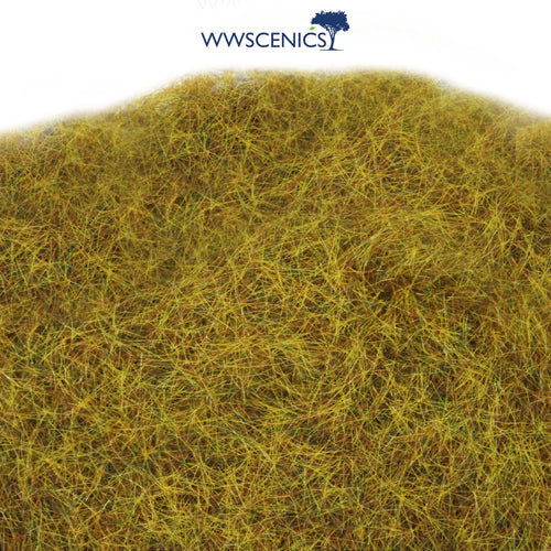 WWScenics 6mm Wild Meadow Static Grass 100g with fine 6mm fibers in natural greens and tans for realistic miniature terrain, wargames, dioramas, and model railways.